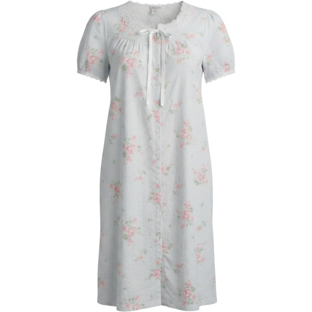 Character Vintage Floral Lace Nightgown Blue Pink Seersucker Button Front XL-L‎